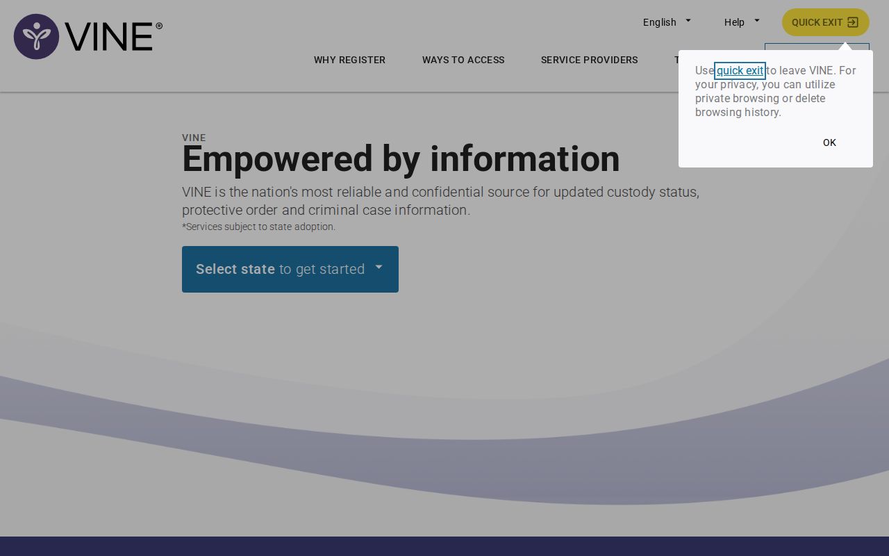 VINELink custody search interface for selecting a state and person