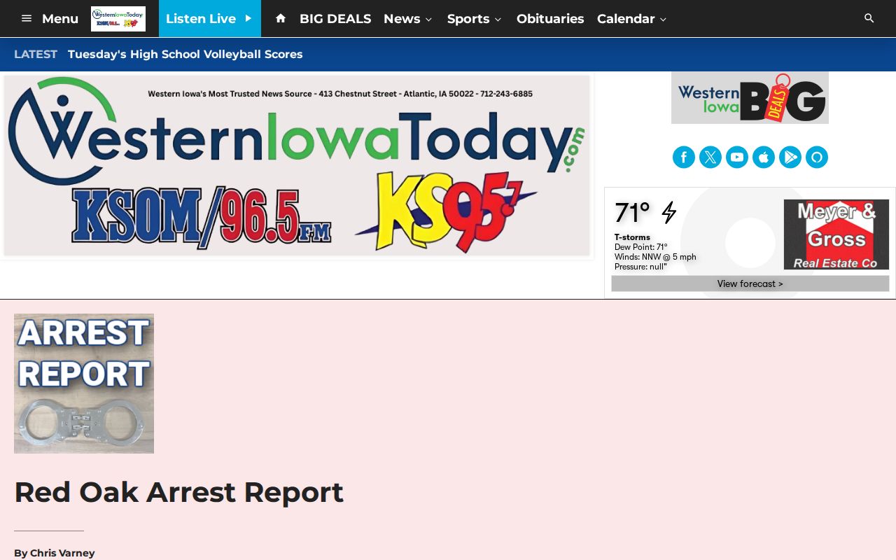 Western Iowa Today selected Red Oak arrest report article